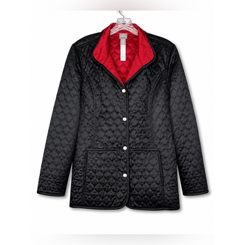 Chico's Black Quilted Satin Jacket Red Lining Lightweight Snap Front Women's L